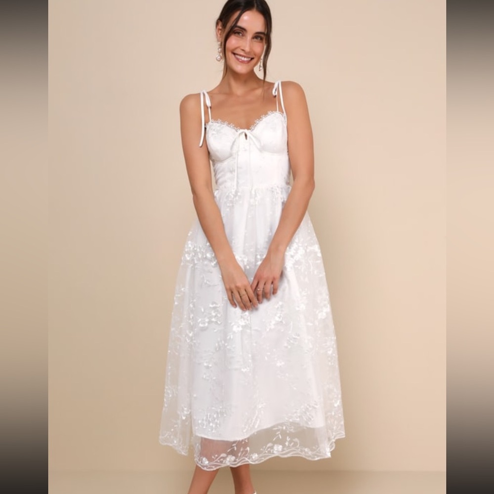 Lulu’s White Mesh Embroidered Tie-Strap Midi Dress